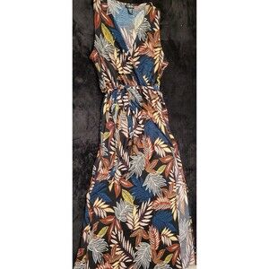 Woman's Timing Long Slit Skirt Dress Size XL Sleeveless V-Neck Leaf Print